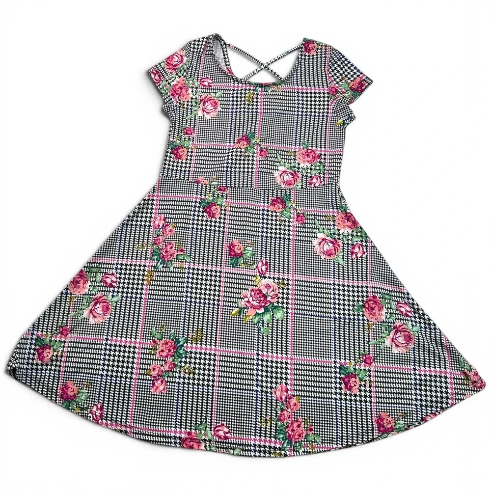 Arizona Black Houndstooth Floral Skater Dress Kids Size M 10/12 Strappy Back